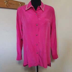 Vintage Nordstrom 100% Silk Hot Pink Button Up Shirt with Shoulder Pads
